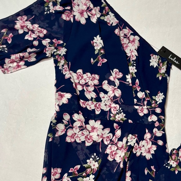 Lulu's Navy Floral One Shoulder Dress - Picture 2 of 2